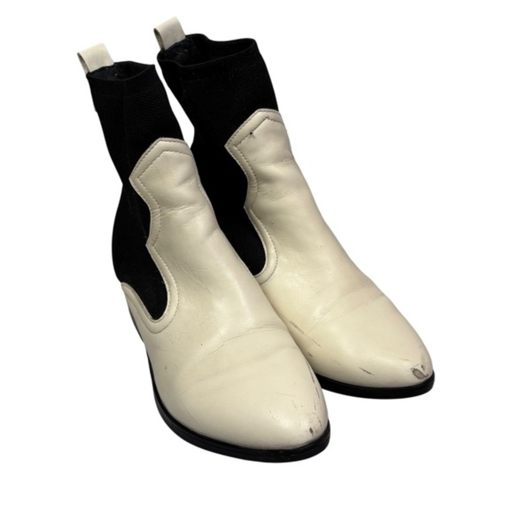 MIA Pointed Toe Sock Booties White Leather Black Knit Block Heel‎ Ankle Boots